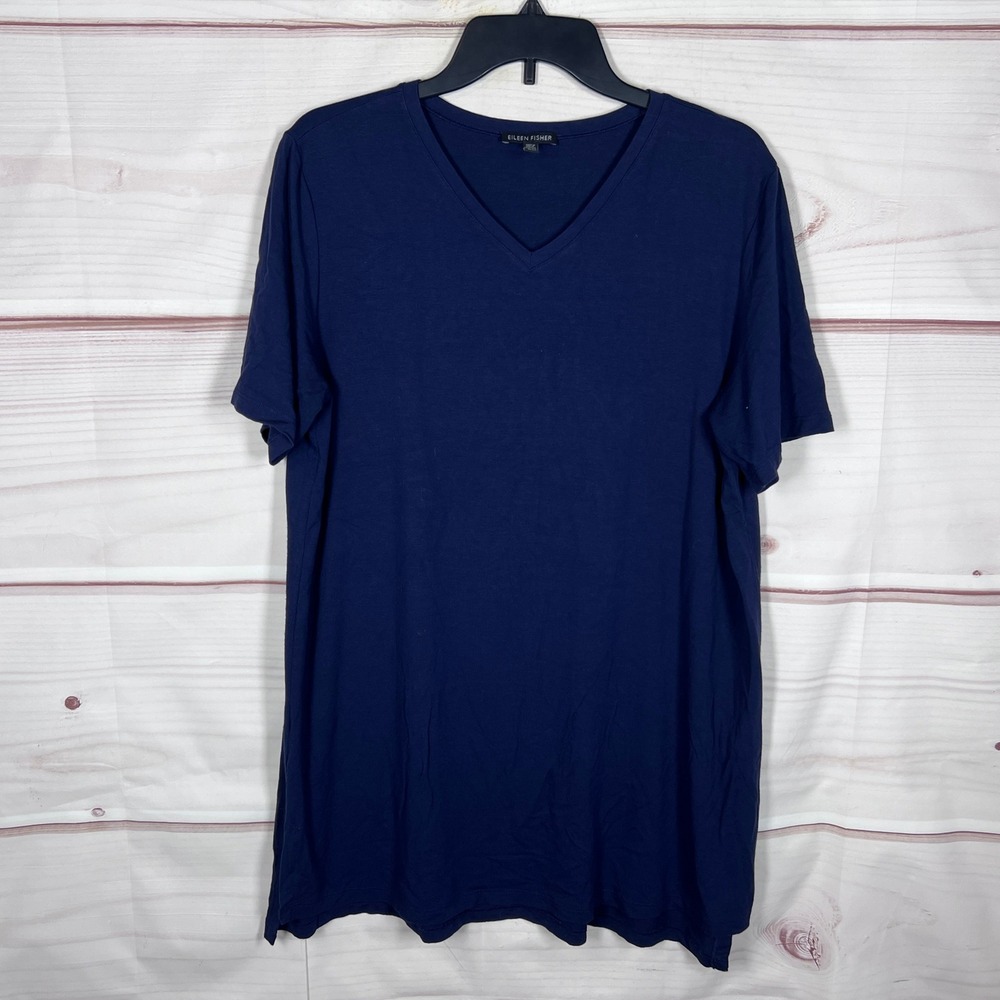 Eileen Fisher T-Shirt Tunic Women Medium Blue V-Neck Short Sleeve Solid Top